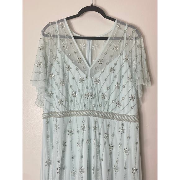 NWT MAC DUGGAL DRESS 14 BLUE V NECK EMBELLISHED FLUTTER SLEEVE A LINE GOWN 9223 - Picture 15 of 15